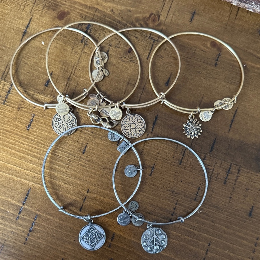 5 Alex & Ani Gold and Silver Charm Bracelets Set